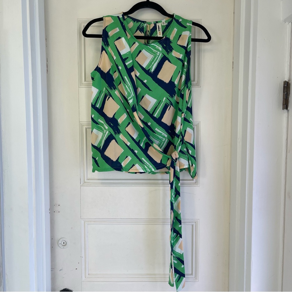 LARA Green and Blue Wrap Blouse with Tie Front